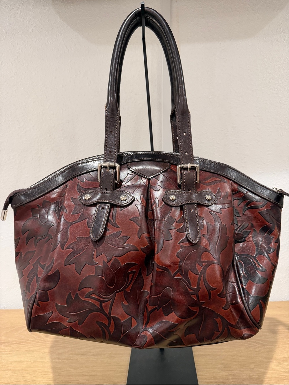 Fiori di Firenze Embossed Italian Leather Satchel Bag Oxblood/Burgundy